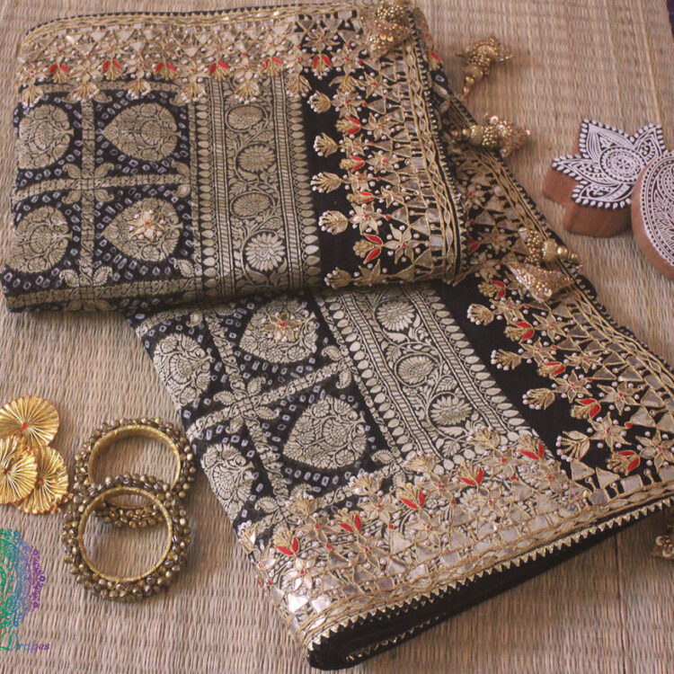 Black Banarasi Pure Georgette Bandhani Gota Embroidered Saree