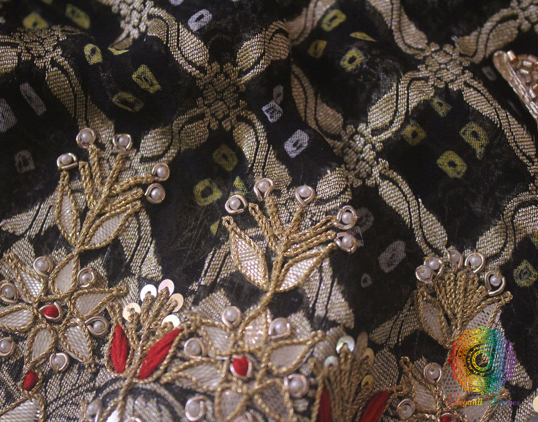 Black Banarasi Pure Georgette Bandhani Gota Embroidered Saree