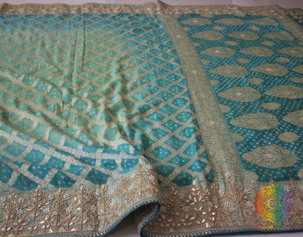 Shaded Cyan Pure Banarasi Georgette Bandhani Gota Embroidered Saree