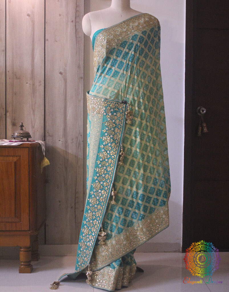 Shaded Cyan Pure Banarasi Georgette Bandhani Gota Embroidered Saree