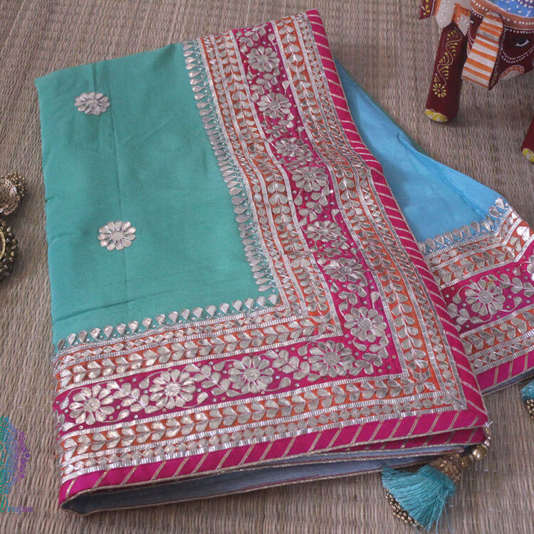 Blue Green Shaded Gota Patti Handwork Chinon Crepe Saree