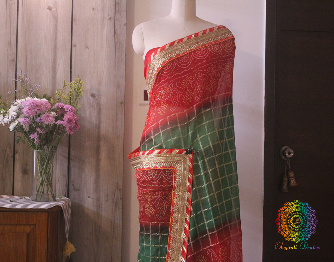 Green Red Chiffon Traditional Saree