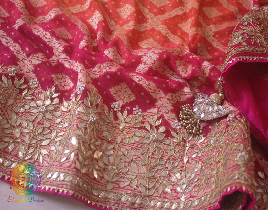 Pink Orange Banarasi Georgette Bandhani Gota Embroidered Saree