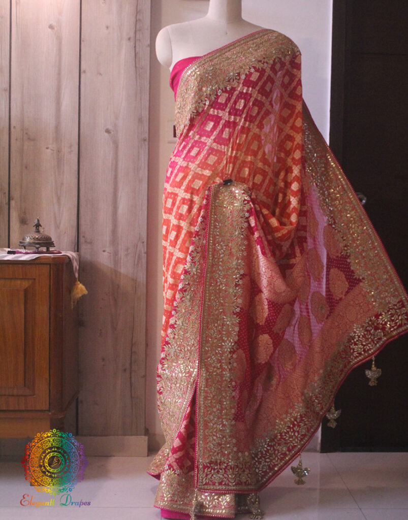 Pink Orange Banarasi Georgette Bandhani Gota Embroidered Saree