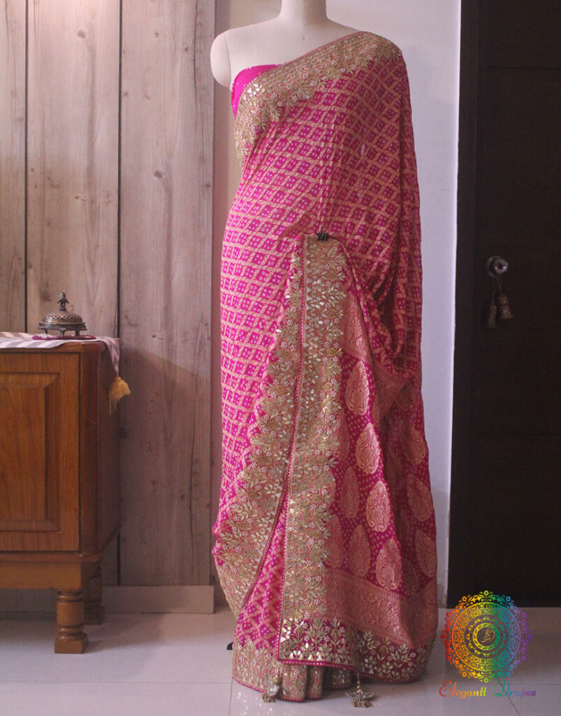 Rani Pink Banarasi Georgette Bandhani Gota Embroidered Saree