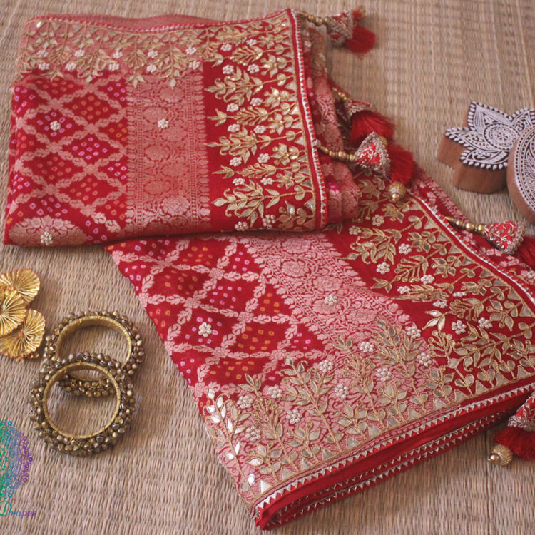 Red Pink Banarasi Georgette Bandhani Gota Embroidered Saree