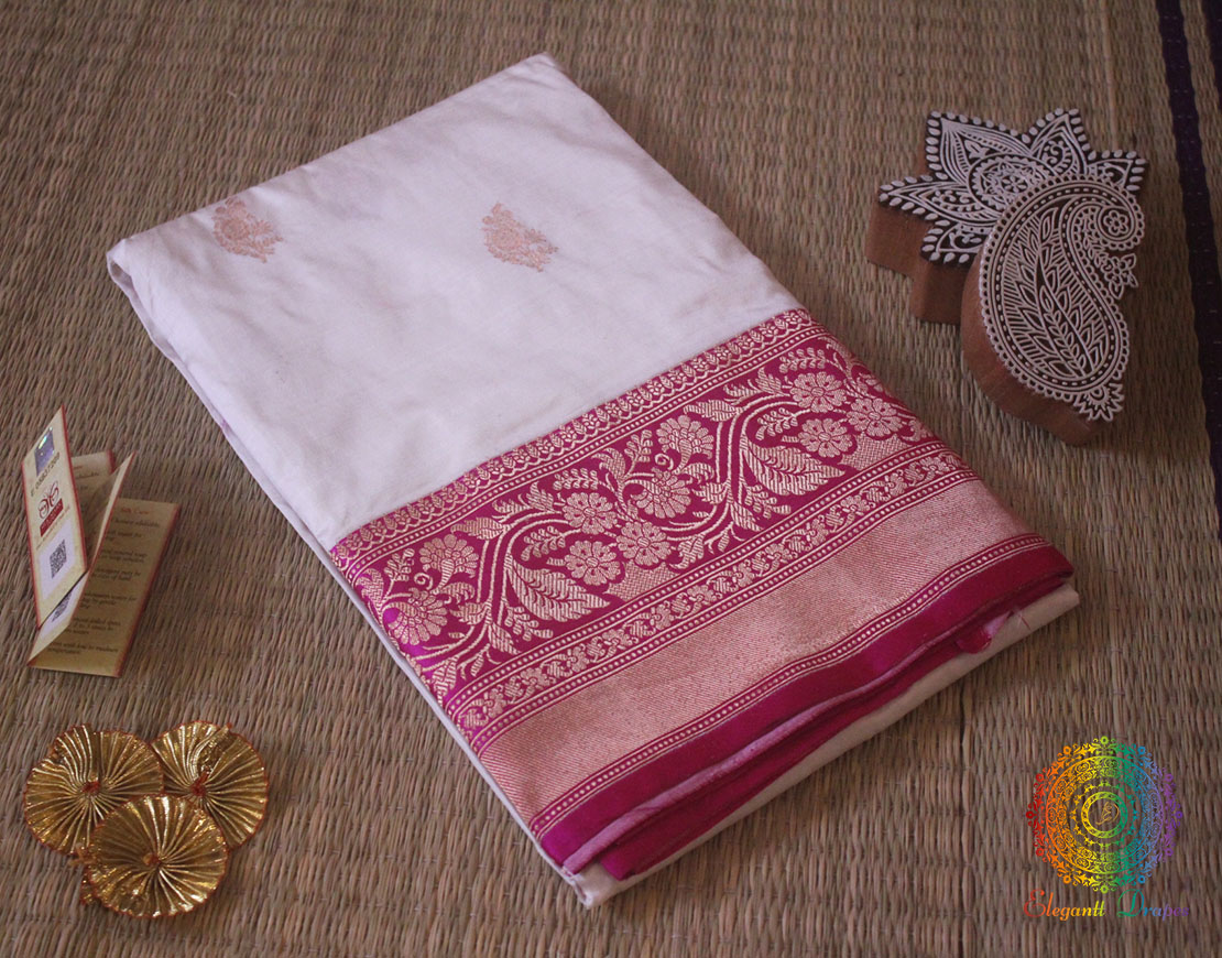 White Banarasi Handloom Pure Katan Silk Saree