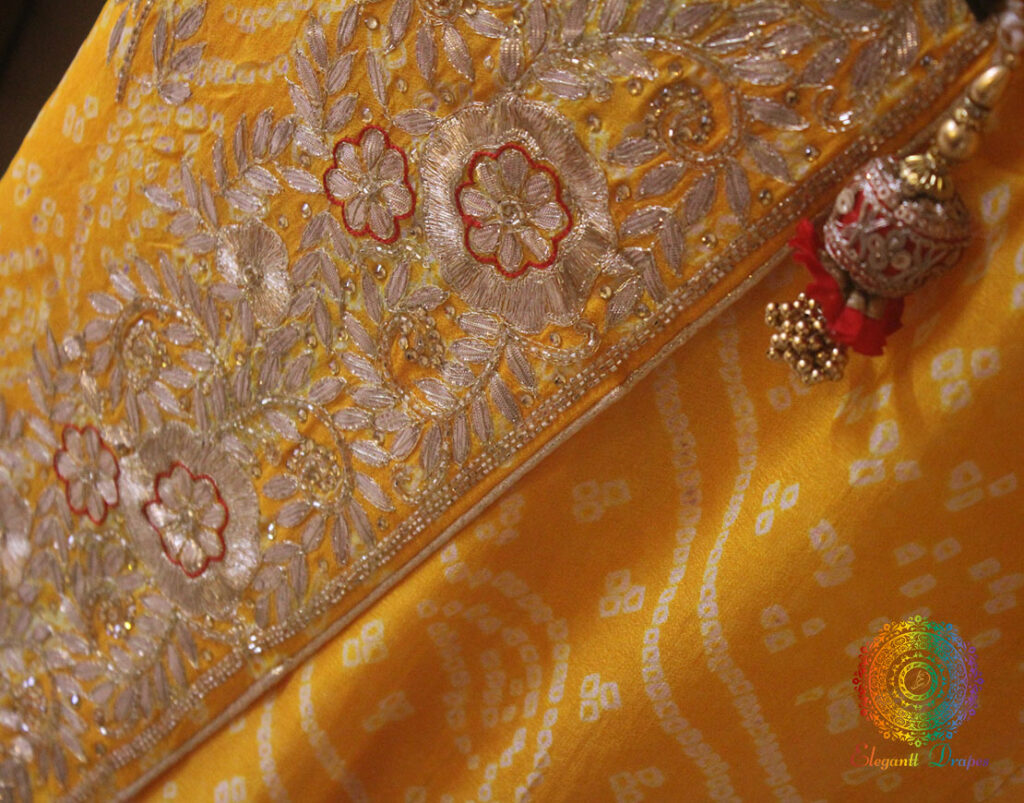 Yellow Gota Patti Handwork Bandhej Saree