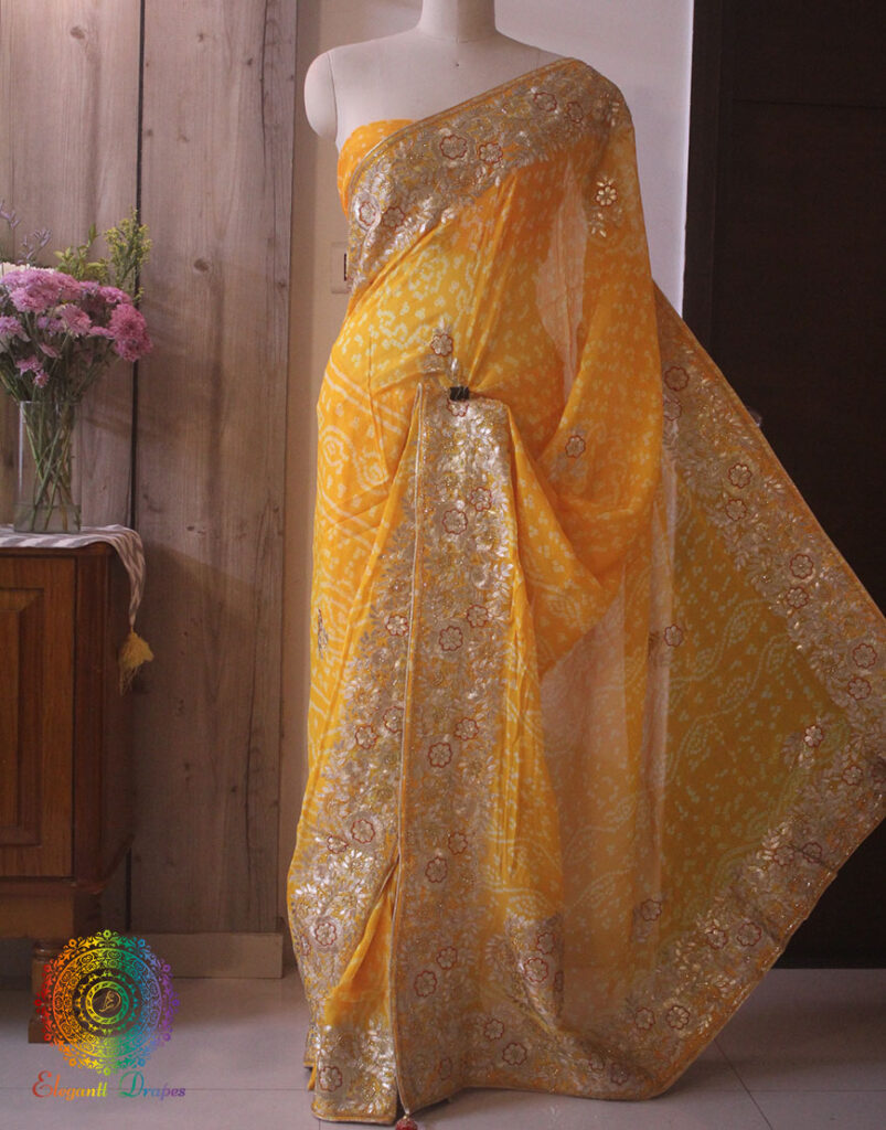 Yellow Gota Patti Handwork Bandhej Saree