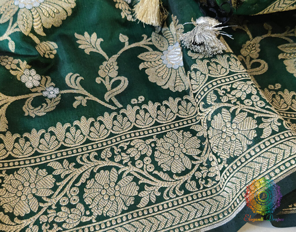 Bottle Green Pure Banarasi Katan Silk Floral Jaal Saree