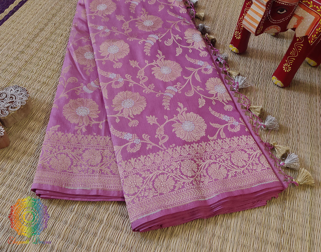 Onion Pink Pure Banarasi Katan Silk Floral Jaal Saree