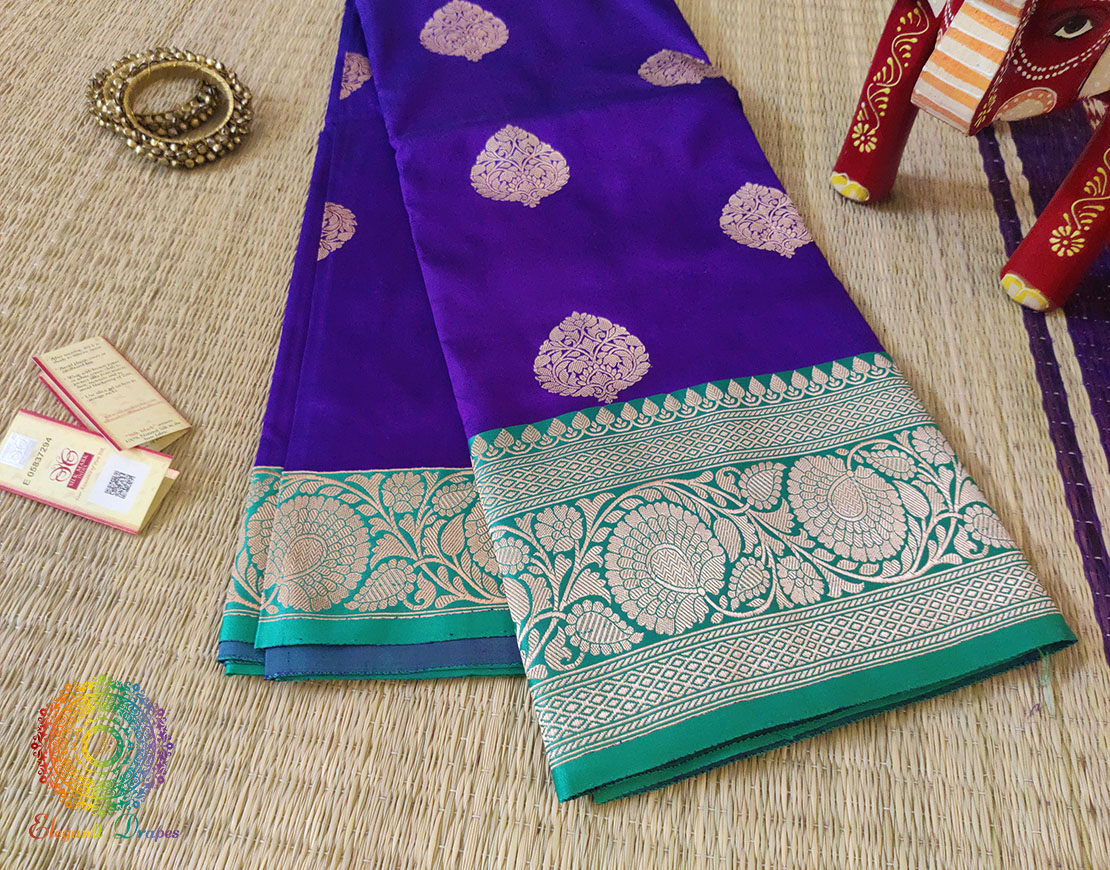 Purple Cyan Banarasi Handloom Pure Katan Silk Saree