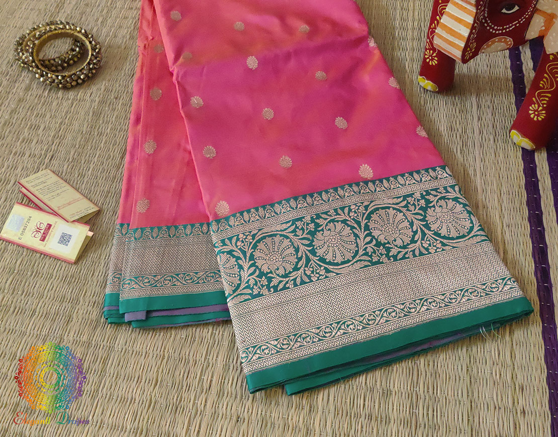 Pink Cyan Banarasi Handloom Pure Katan Silk Saree
