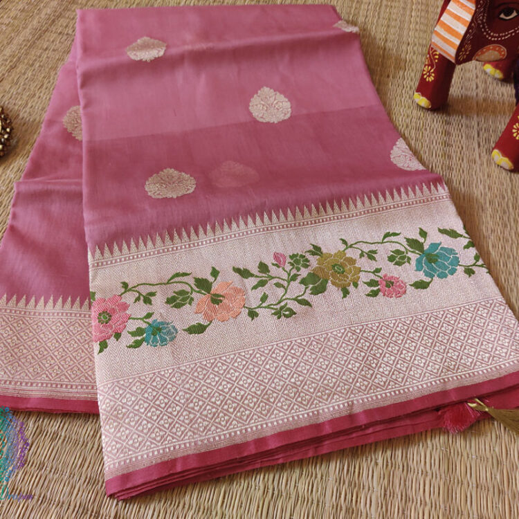 Rouge Pink Banarasi Handloom Kora Silk Meenakari Saree