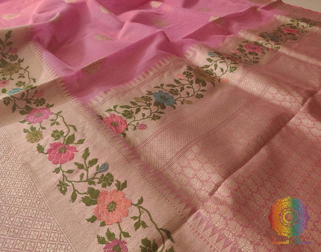 Rouge Pink Banarasi Handloom Kora Silk Meenakari Saree