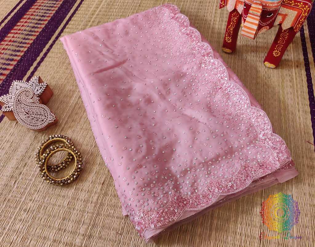 Pink Pure Organza Silk Handwork Saree