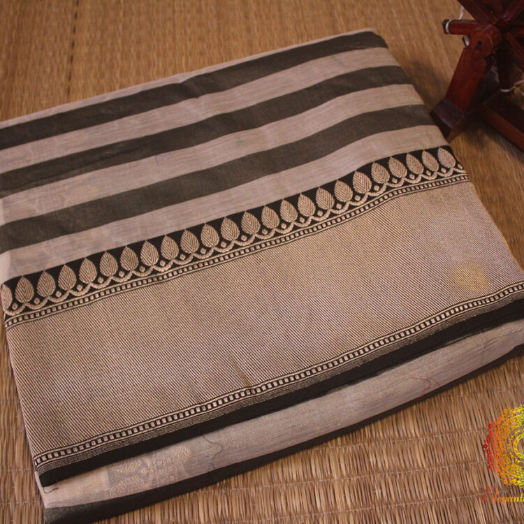 Beige Black Pure Cotton Tissue Banarasi Handloom Saree