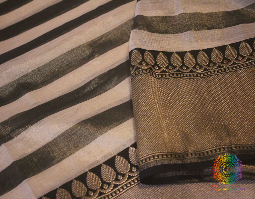 Beige Black Pure Cotton Tissue Banarasi Handloom Saree