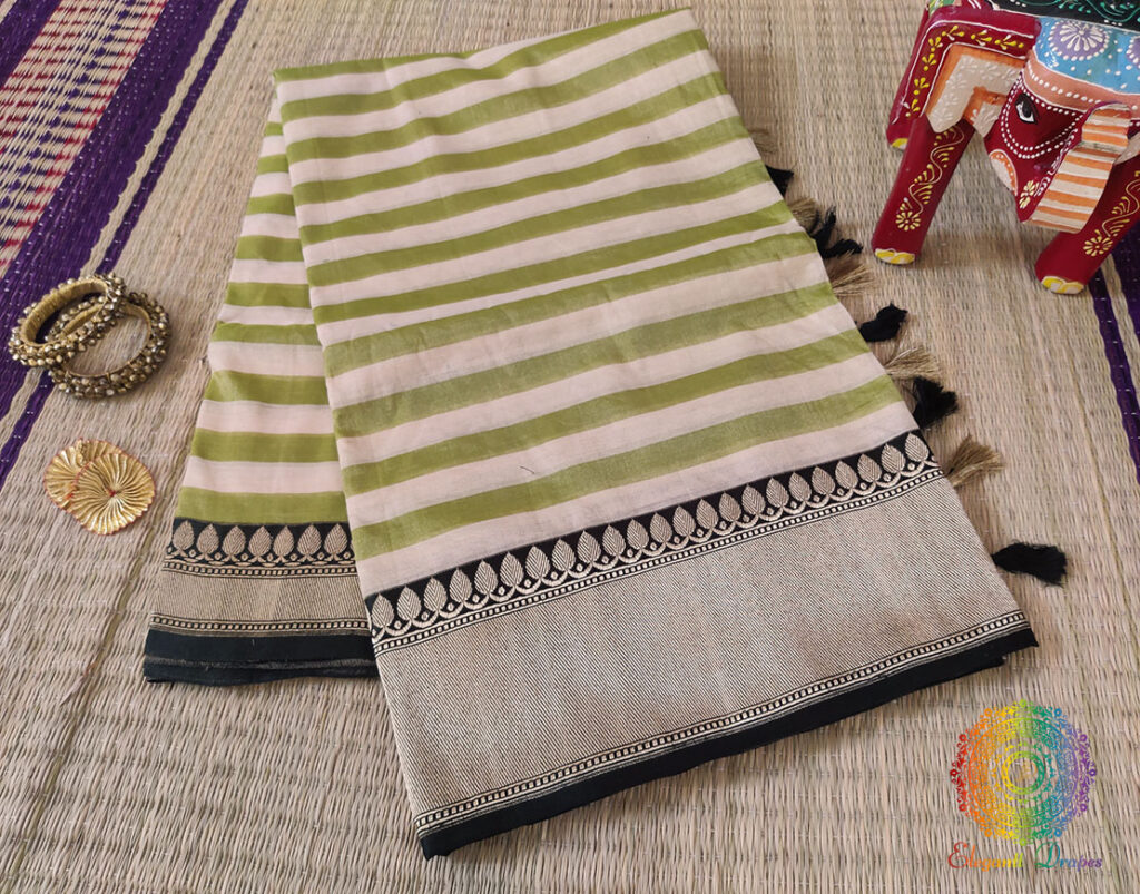 Green Stripes Pure Cotton Tissue Banarasi Handloom Saree