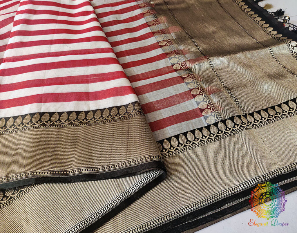 Red Stripes Pure Cotton Tissue Banarasi Handloom Saree