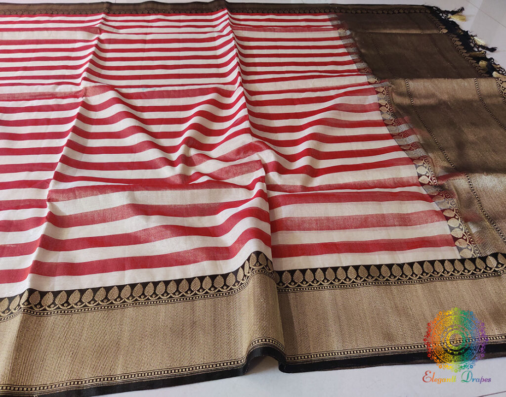 Red Stripes Pure Cotton Tissue Banarasi Handloom Saree