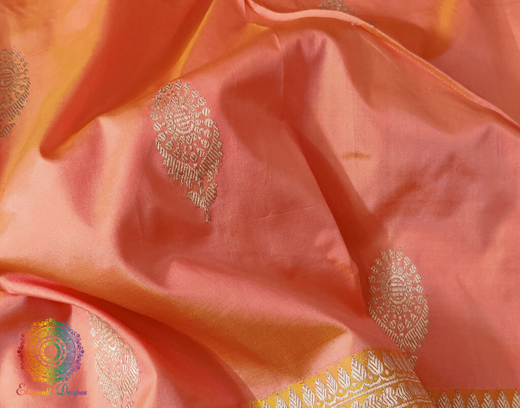 Coral Peach Banarasi Handloom Pure Katan Silk Saree