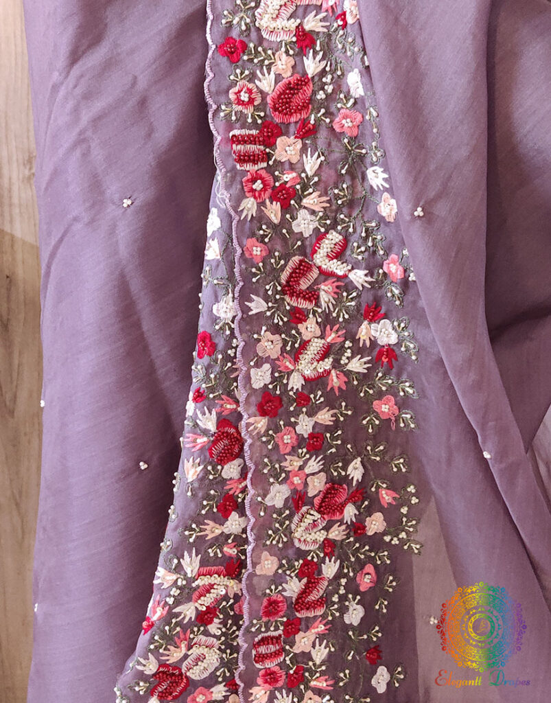 Mauve Pure Organza Silk Hand Embroidered Saree