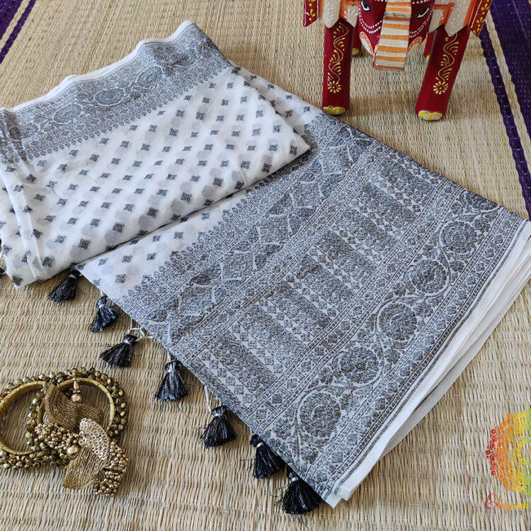 White Black Banarasi Handloom Pure Khaddi Georgete Saree