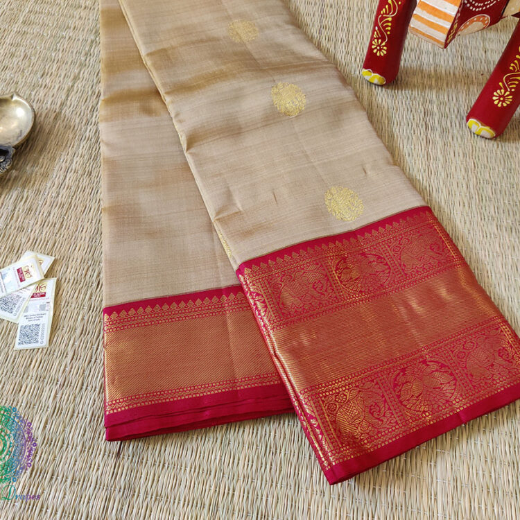 Beige Red Pure Kanjivaram Silk Handloom Saree