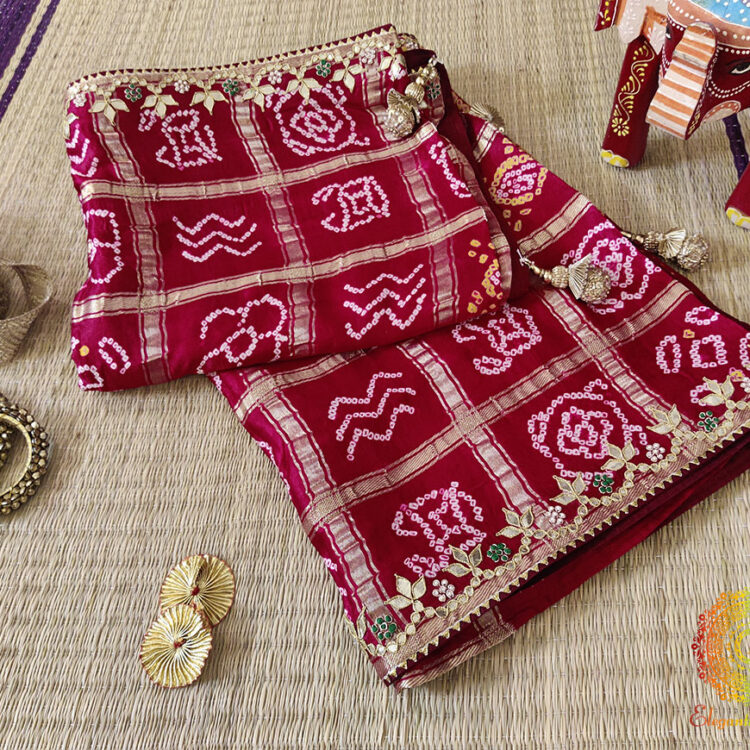 Maroon Pure Gaji Silk Bandhani Gota Embroidered Saree