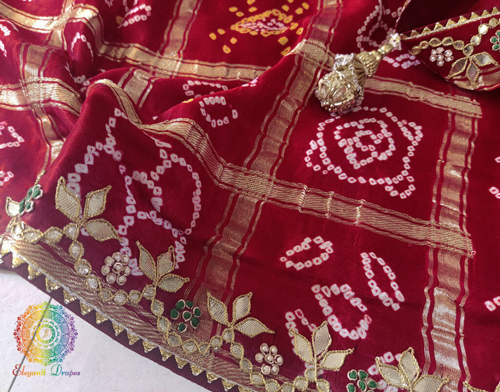 Maroon Pure Gaji Silk Bandhani Gota Embroidered Saree