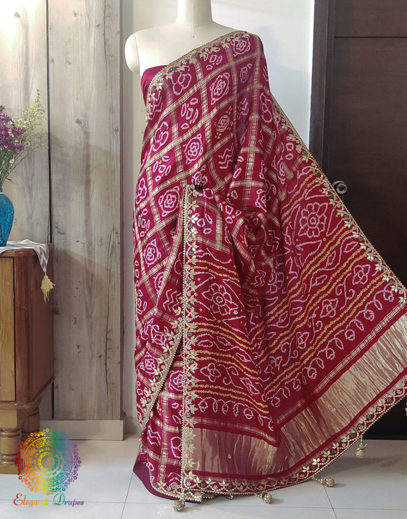 Maroon Pure Gaji Silk Bandhani Gota Embroidered Saree
