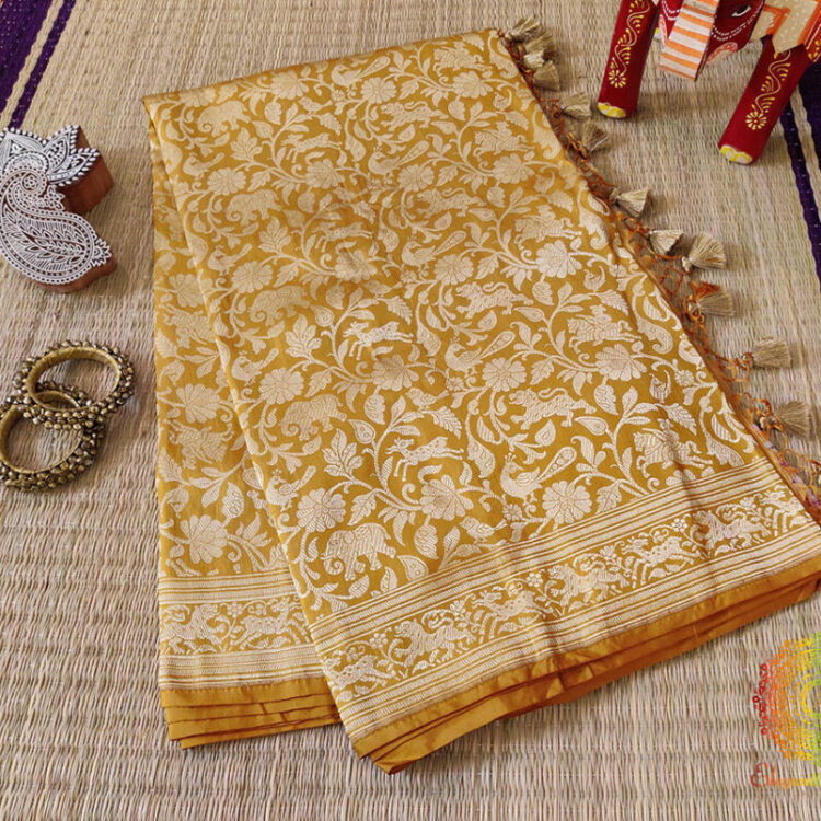 Mustard Golden Pure Banarasi Katan Silk Shikargah Saree