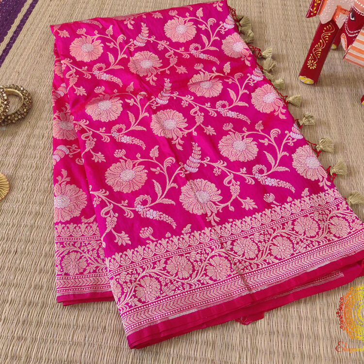 Bridal Pink Pure Banarasi Katan Silk Floral Jaal Saree