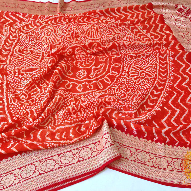 Red Orange Pure Banarasi Georgette Bareek Bandhej Saree