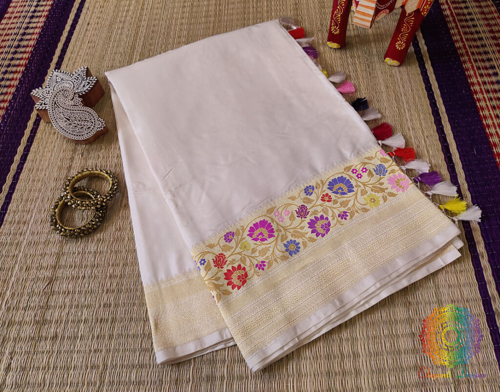 White Banarasi Handloom Katan Silk Paithani Saree