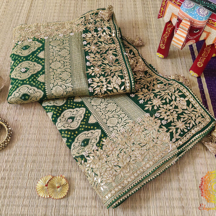 Green Pure Banarasi Georgette Bandhani Gota Work Saree