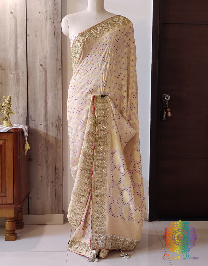 White Pure Banarasi Georgette Bandhani Gota Embroidered Saree