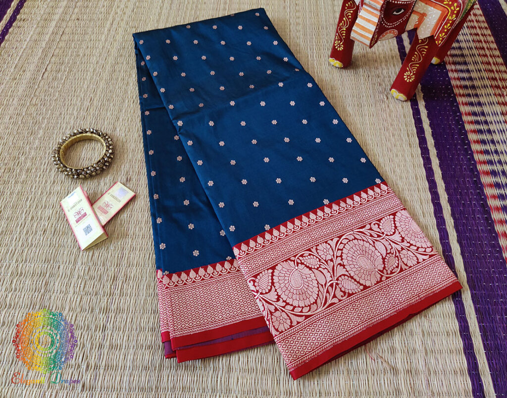 Blue Red Banarasi Handloom Katan Silk Saree