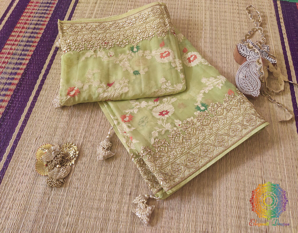 Pista Green Banarasi Pure Georgette Gota Embroidered Saree