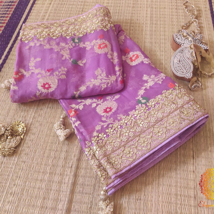 Lavender Banarasi Pure Georgette Gota Embroidered Saree