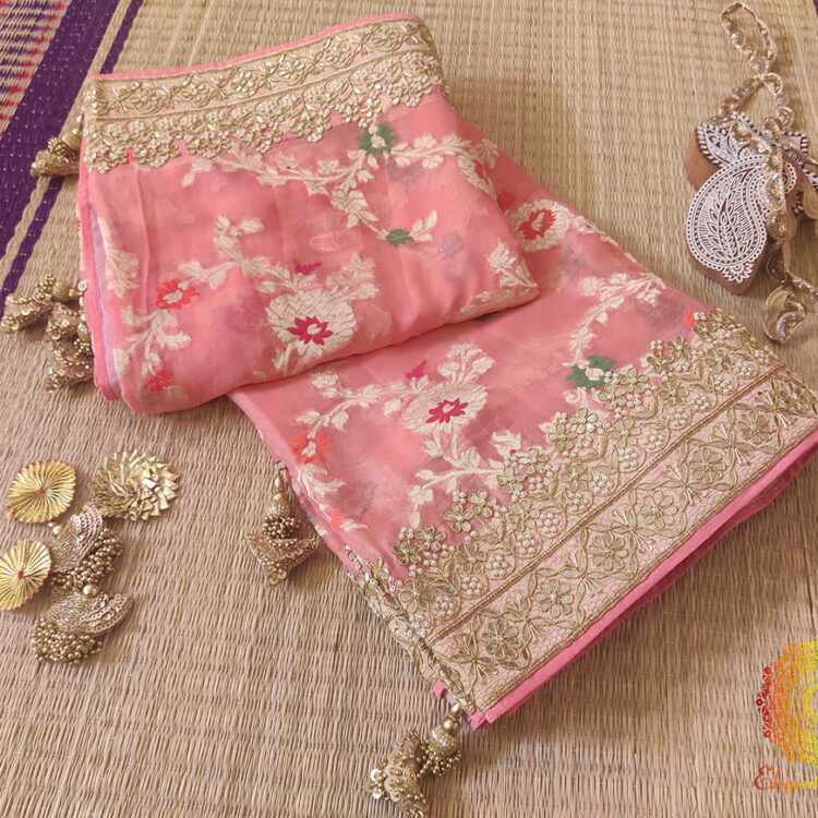 Blush Pink Banarasi Pure Georgette Gota Embroidered Saree