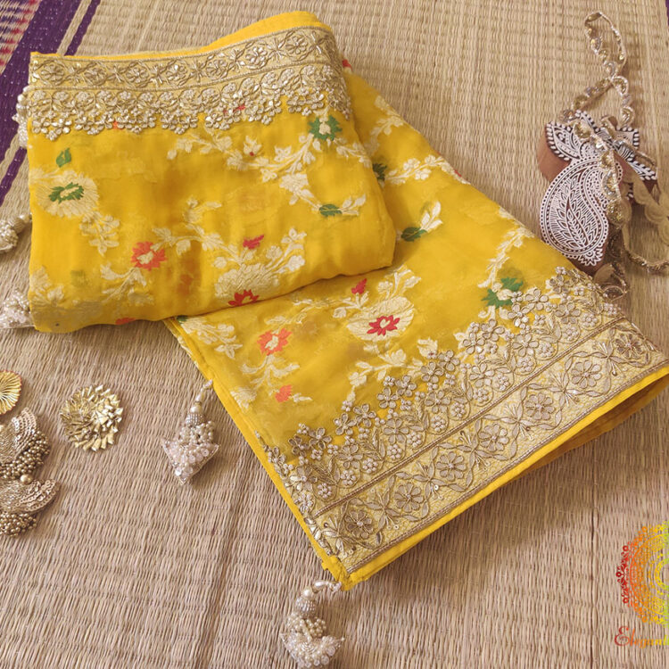 Yellow Banarasi Pure Georgette Gota Embroidered Saree