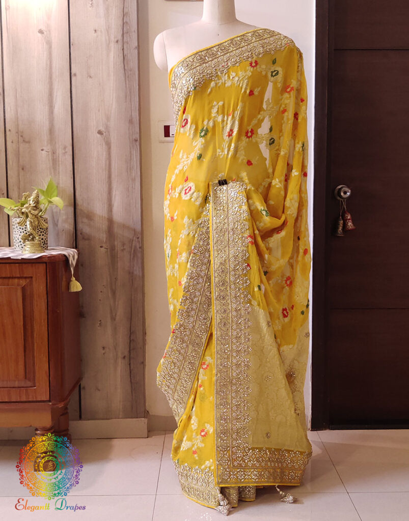 Yellow Banarasi Pure Georgette Gota Embroidered Saree