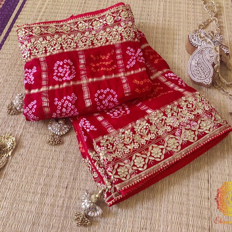 Red Pure Gaji Silk Bandhej Gota Embroidered Saree