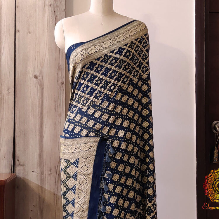 Ink Blue Pure Banarasi Khaddi Georgette Bandhani Saree