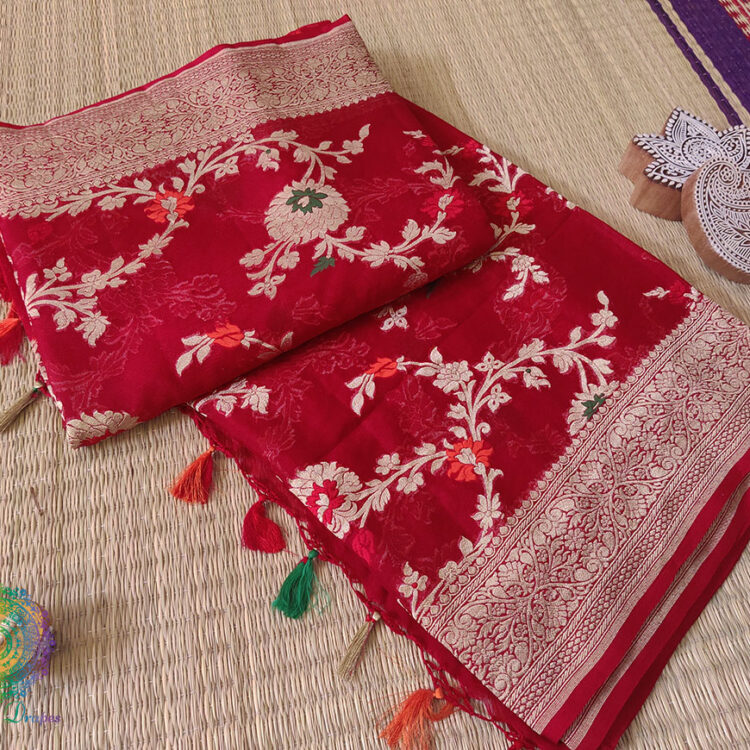 Red Banarasi Pure Khaddi Georgete Meenakari Saree