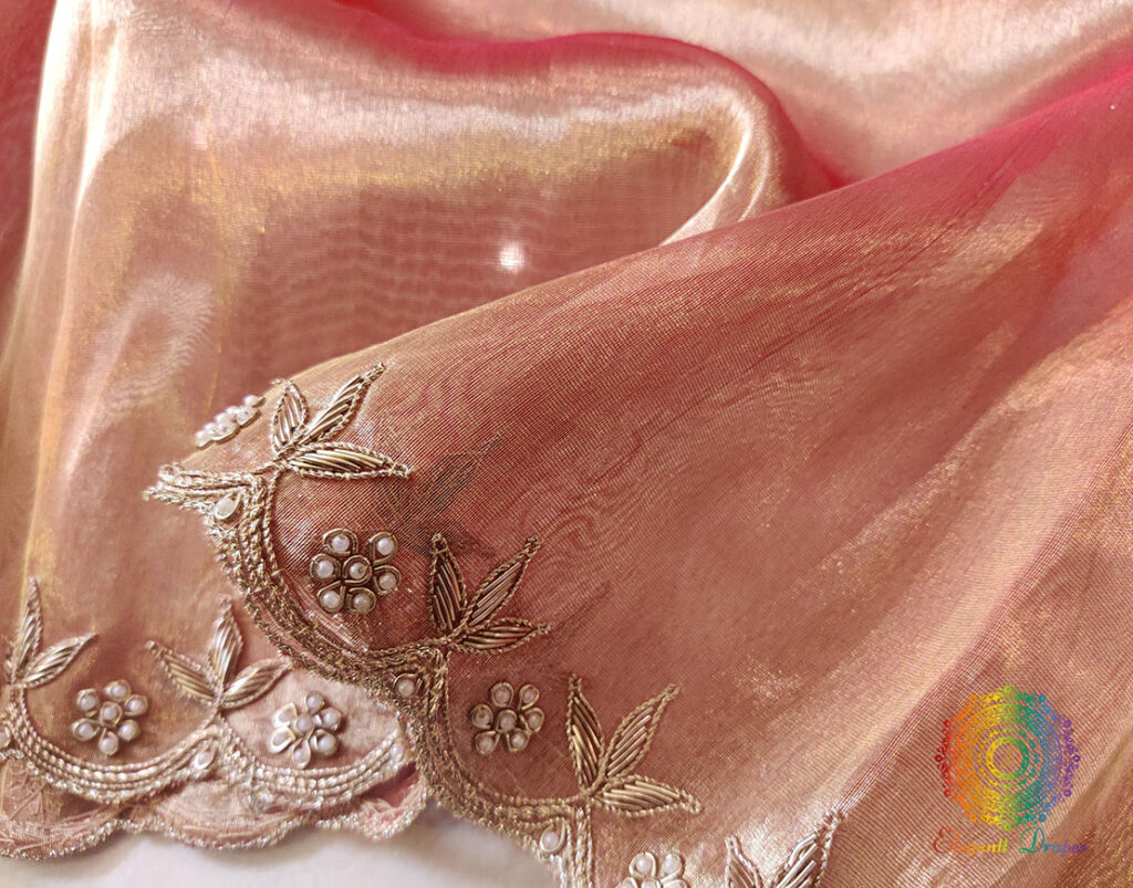 Rose Gold Pure Tissue Dabka Handwork Saree