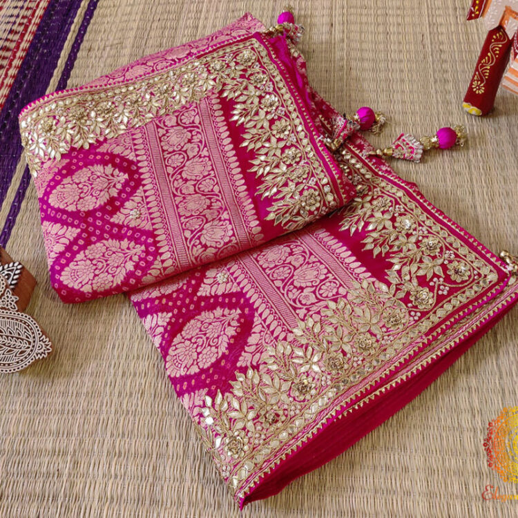 Pink Pure Banarasi Georgette Bandhani Gota Work Saree