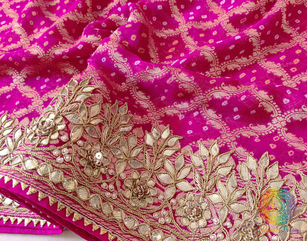 Pink Pure Banarasi Georgette Bandhani Gota Work Saree